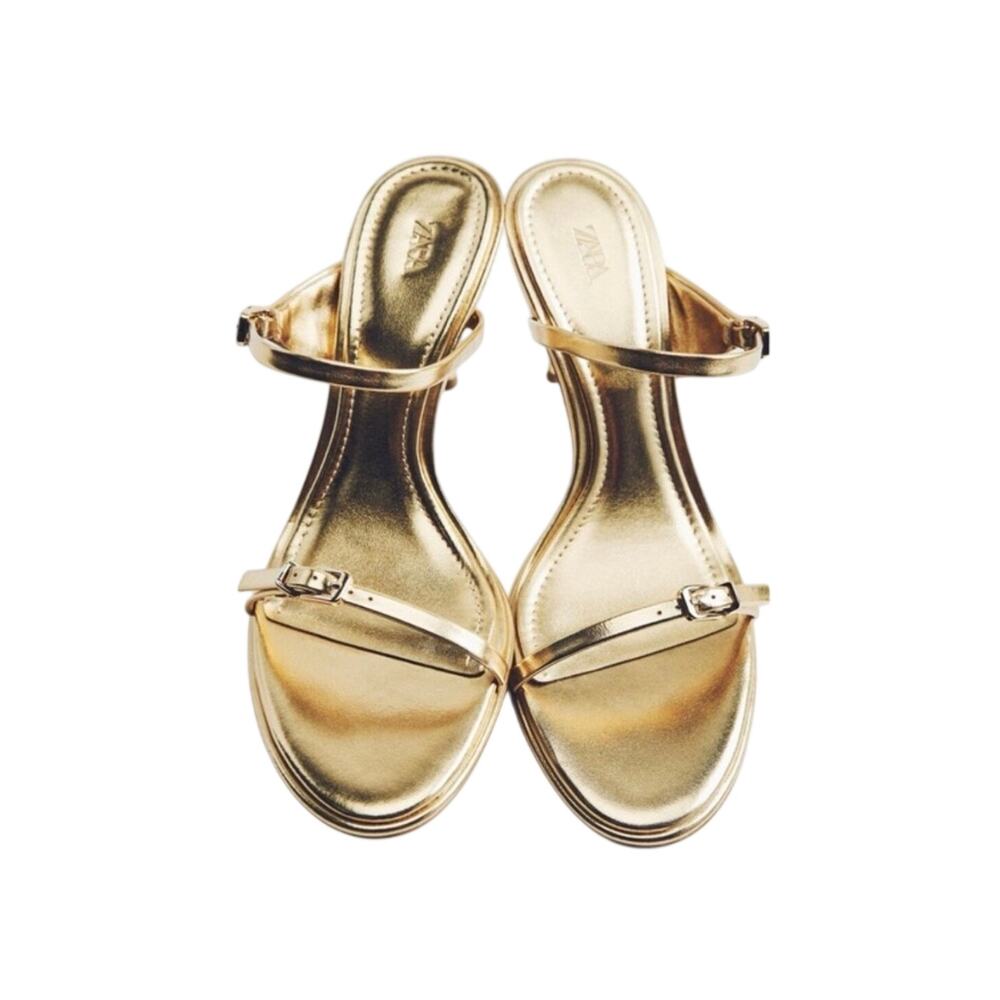 ZARA Metallic Gold Strap Stiletto Heels Sandals 3.1" Size 9 EUC